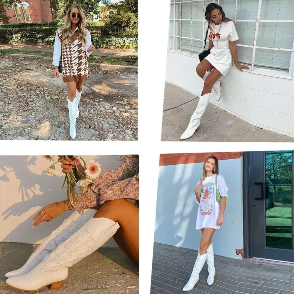 🆕Women White Polyurethane Embroidered Chunky Heel Knee High Western Boot